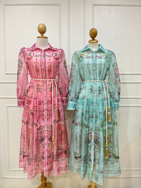 High Fashion Multi Color Floral Print Collar Down Waist Rope Dress
